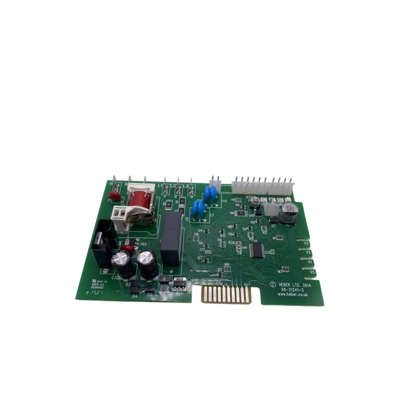 Green electronic circuit board with various components on a white background