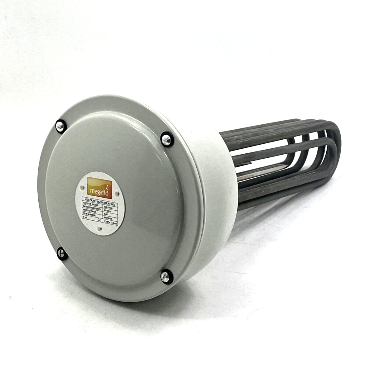 Industrial immersion heater with Megaflo label on a white background