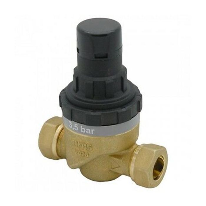 Brass pressure relief valve with black cap on a white background
