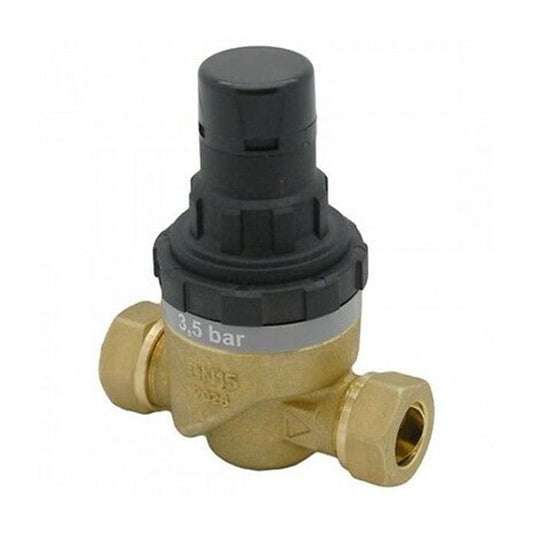 Brass pressure relief valve with black cap on a white background