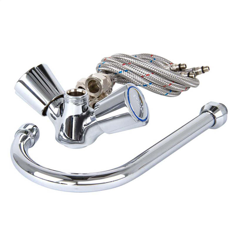 Chrome oversink tap pack with braided cables on a white background