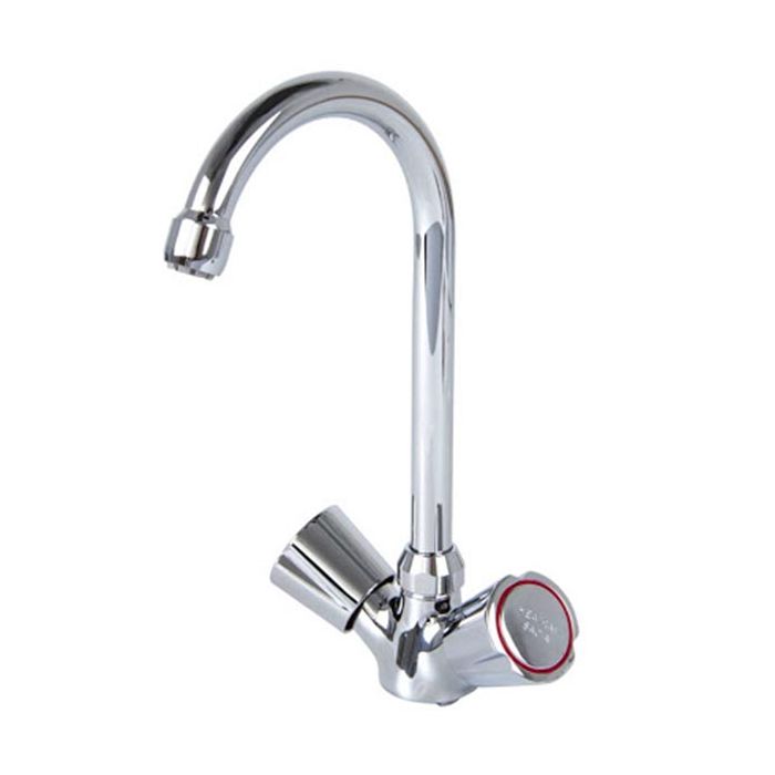 Chrome kitchen faucet with hot & cold handles on a white background