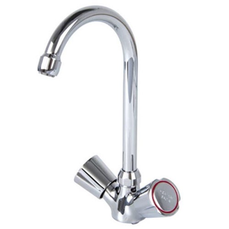 Chrome kitchen faucet with a red handle on a white background