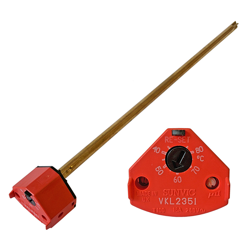Red temperature controller with copper rod on a white background