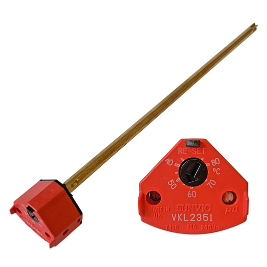 Red temperature controller with copper rod on a white background