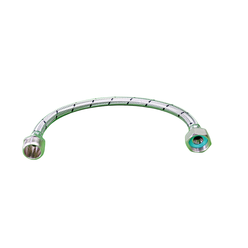 Flexible metal hose with connectors on a white background