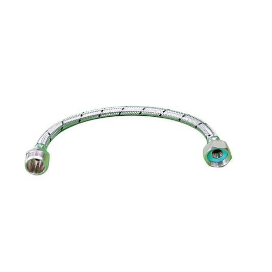 Flexible metal hose with connectors on a white background