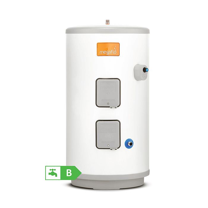 White cylindrical water heater with Megaflo branding on a white background