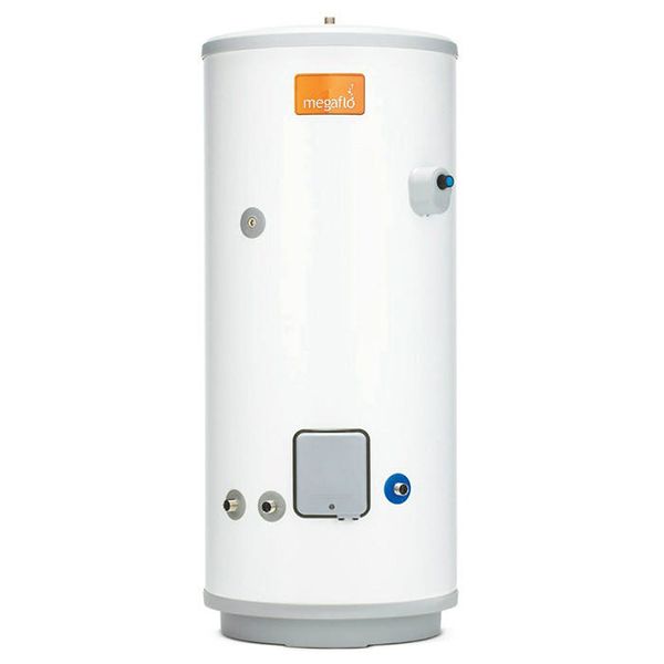 White cylindrical water heater with Megaflo logo on a white background