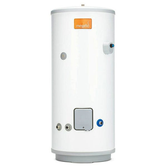 White cylindrical water heater with Megaflo logo on a white background