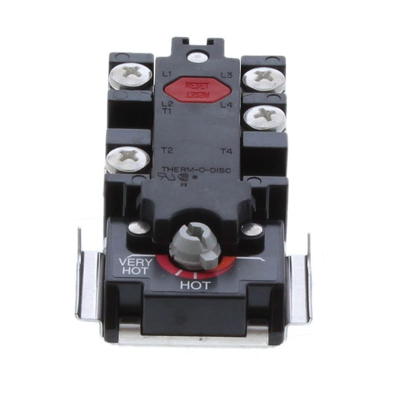 A black thermal overload relay with silver metal terminals, a red reset button, and a silver hot terminal screw, shown on a white background.