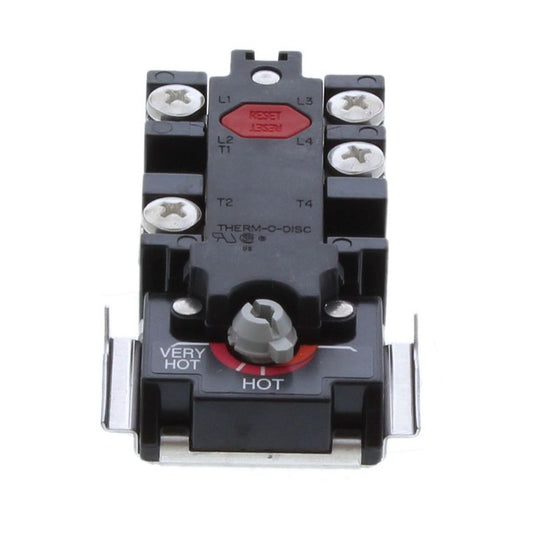 A black thermal overload relay with silver metal terminals, a red reset button, and a silver hot terminal screw, shown on a white background.