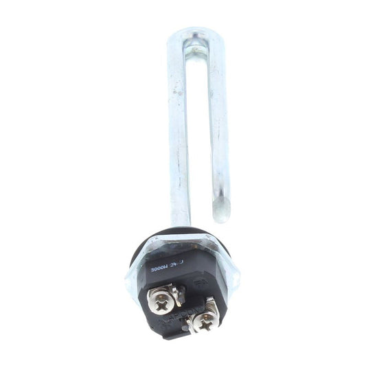 A replacement U-shaped heating element for a water heater, featuring a silver metal tube and a black plastic base with two screw terminals, shown on a white background.