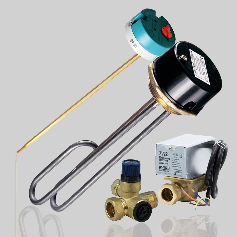 Collection of heating elements and valves on a reflective surface with a light gray background
