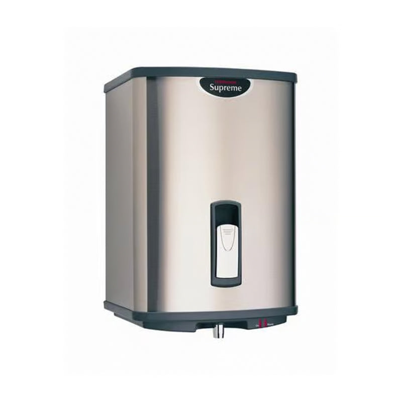 Stainless steel water dispenser with 'Supreme' branding on a white background
