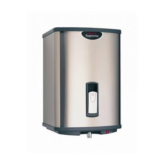 Stainless steel water dispenser with 'Supreme' branding on a white background