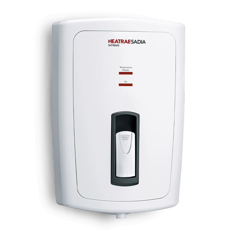 White electric water heater with HEATRAE SADIA branding on a white background