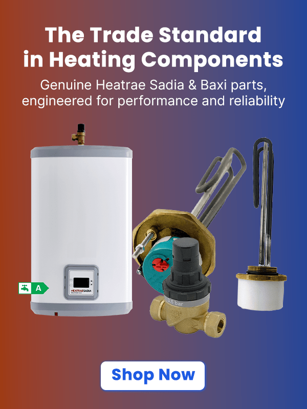 Heating components with promotional text and 'Shop Now' button on a gradient background
