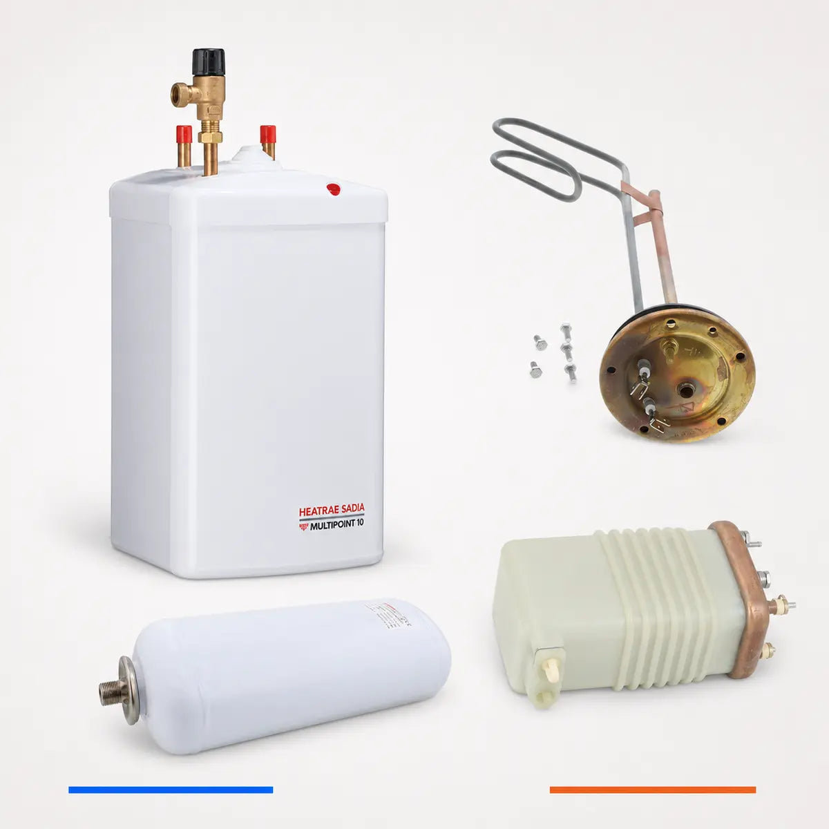 A white electric water heater shown with its replacement parts on a light gray background: a cylindrical filter cartridge, a brass thermocouple with wire leads and mounting screws, and a white terminal box with copper-colored metal ends. The heater has a red and black valve assembly on top and a red and black logo label on the front reading 'HEATRAE SADIA' and 'MULTIPOINT'.