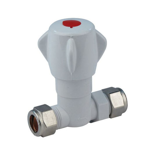 Valve with a red button on a white background