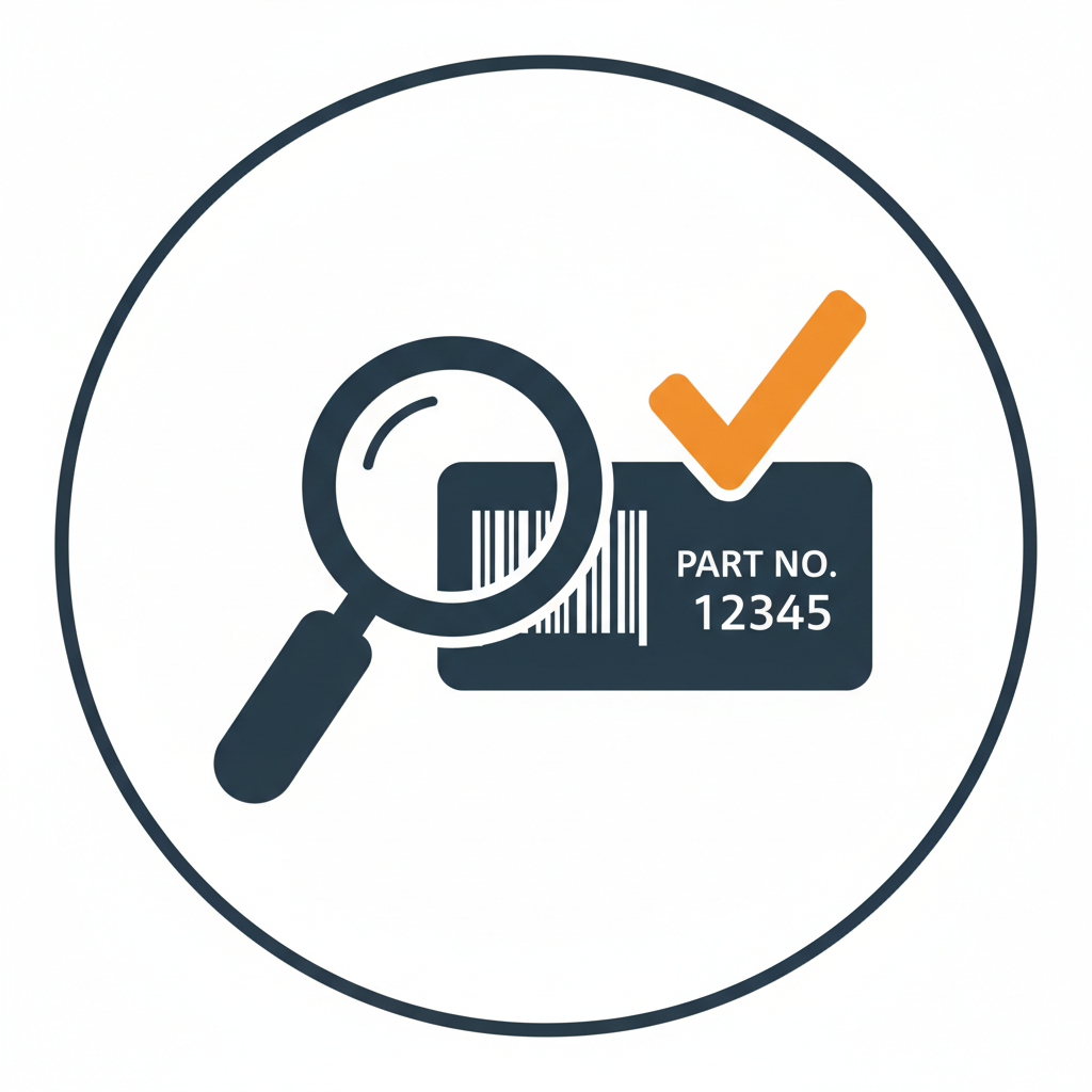 A circular icon featuring a dark navy magnifying glass over a dark navy barcode card with white text reading 'PART NO. 12345' and an orange checkmark, on a white background.