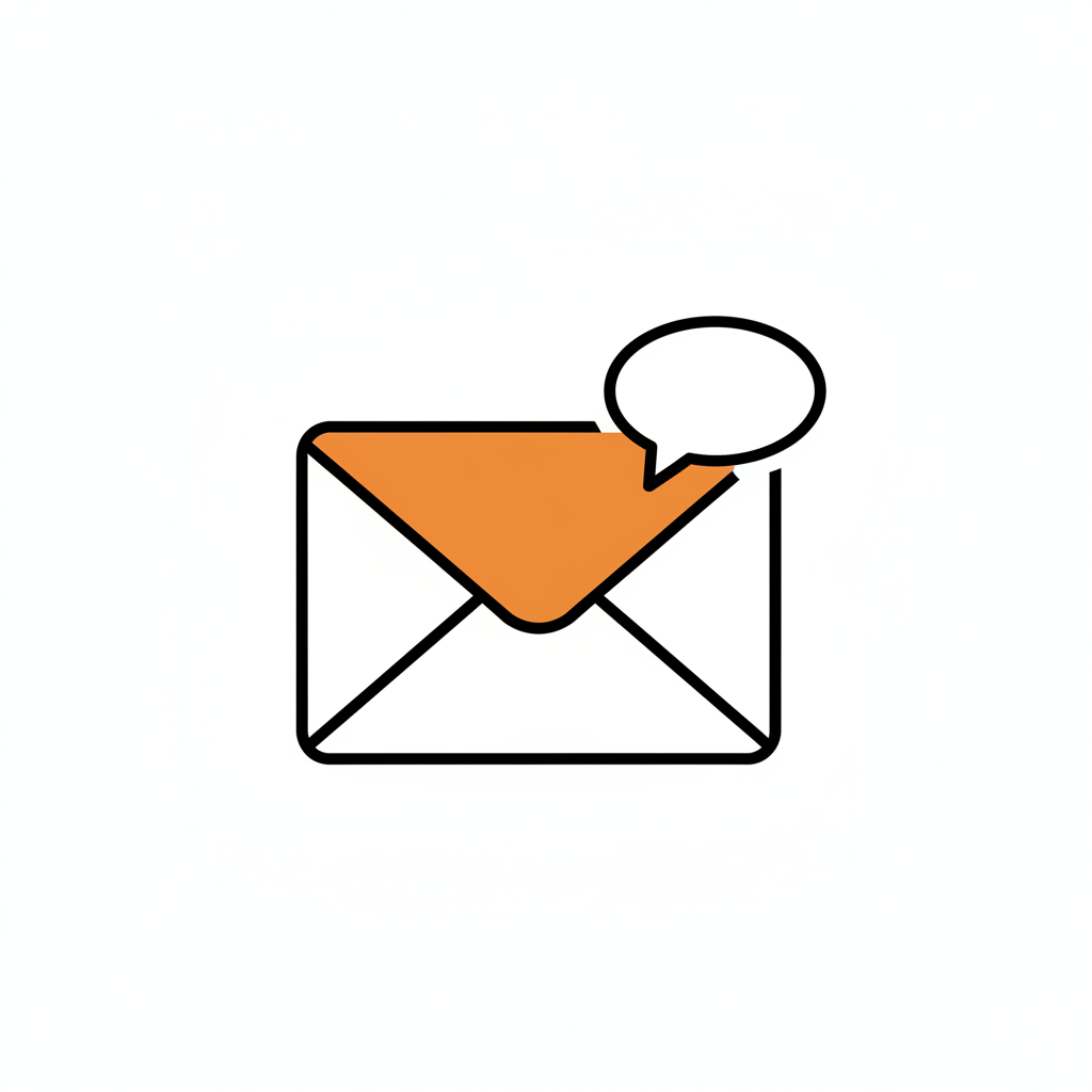 A simple line icon of an open envelope with a speech bubble, where the flap is filled with a solid orange color on a white background.