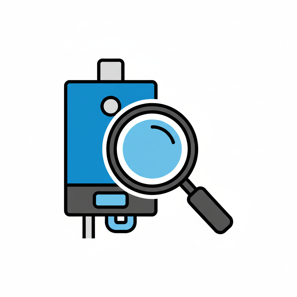 A flat vector icon showing a blue rectangular device with a magnifying glass over it, on a plain white background.