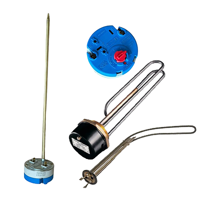 Set of heating elements and temperature probe on a white background