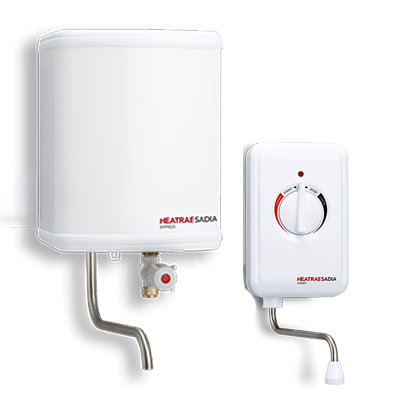 White point of use water heaters with control panel on a white background