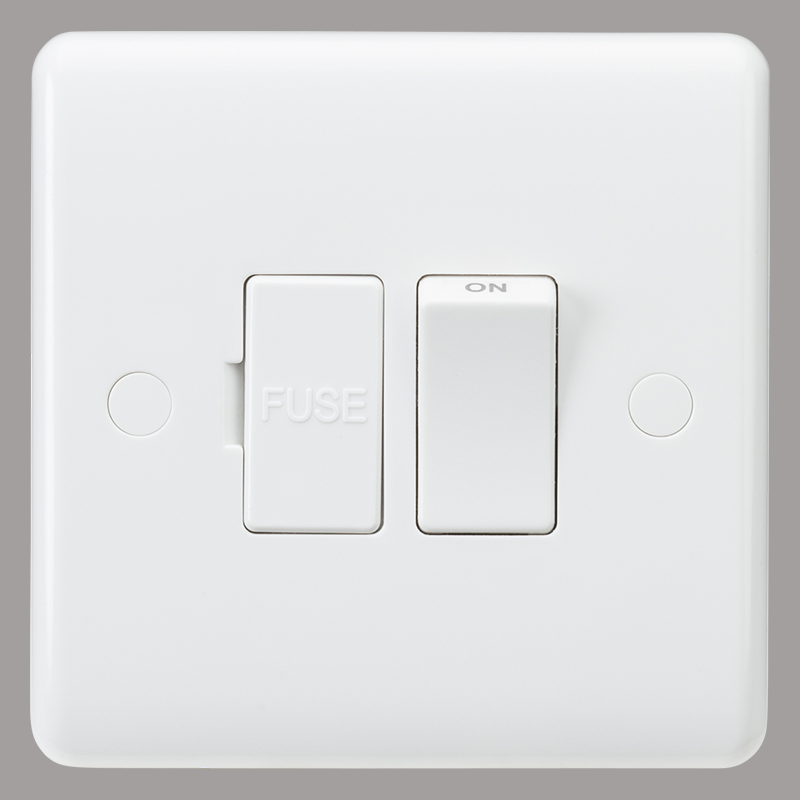 White wall isolator switch with 'FUSE' and 'ON' labels on a gray background