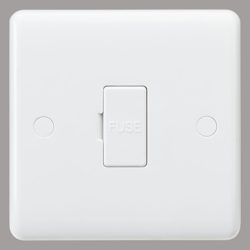 White wall fused spur switch with 'FUSE' label on a grey background