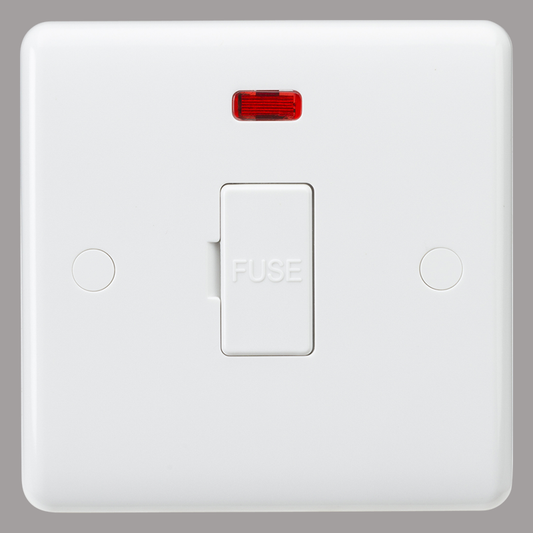 White electrical panel with a red indicator light on a gray background