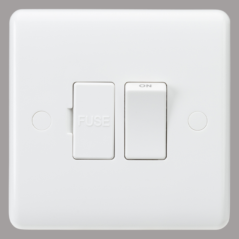White electrical switch panel with fuse and on/off switches on a gray background