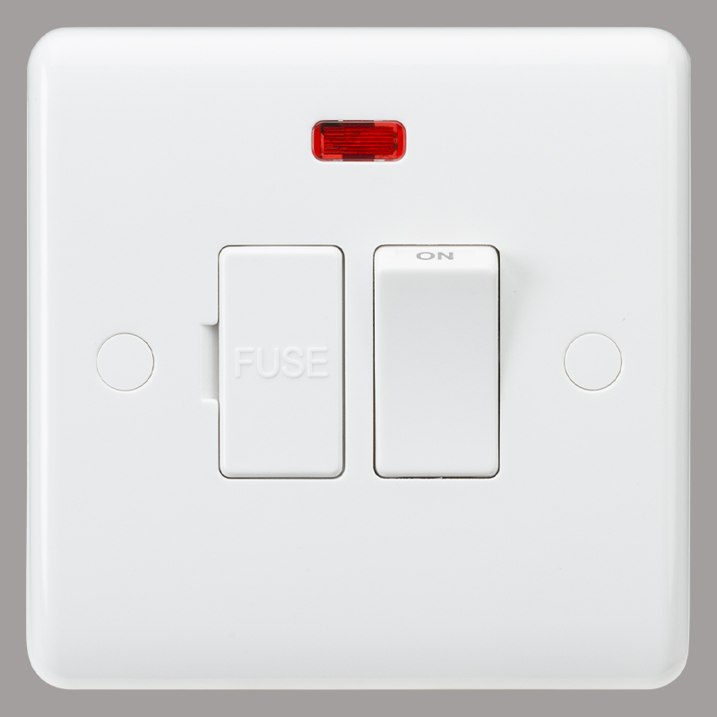 White electrical switch panel with a red indicator light on a gray background