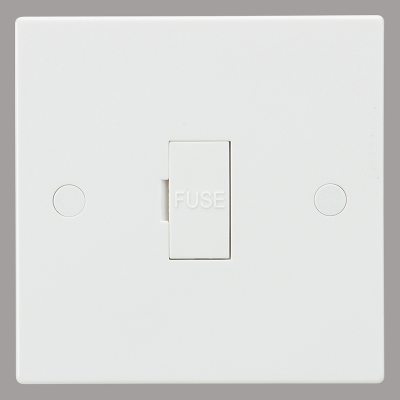 White fused spur switch with 'FUSE' label on a grey background