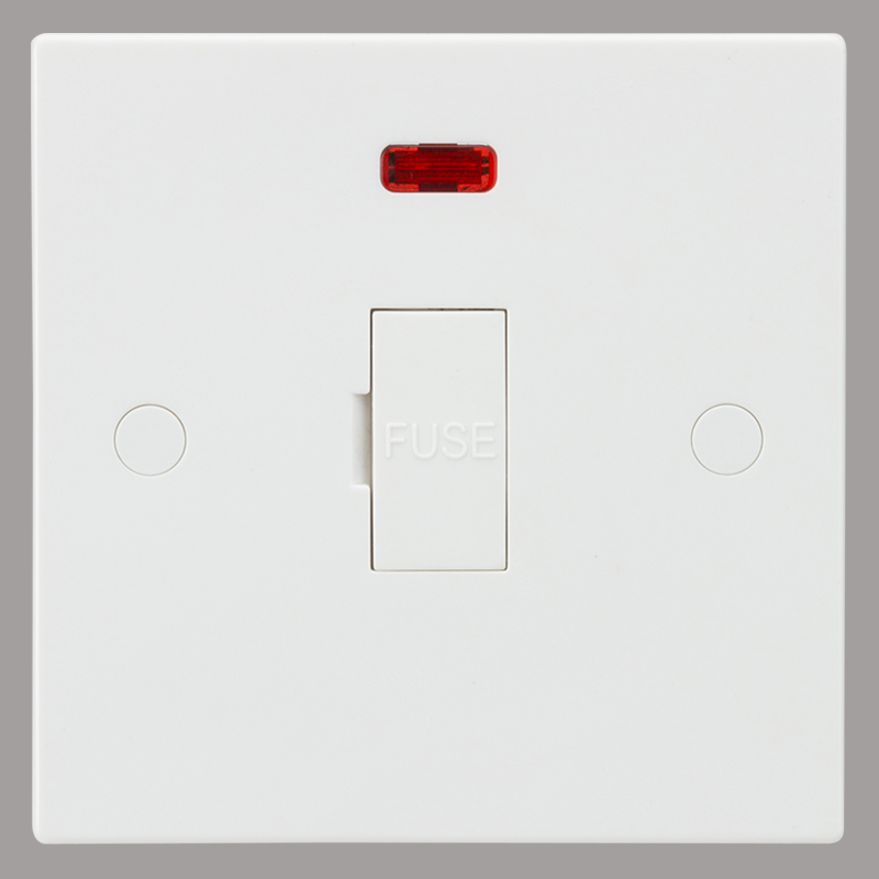 White electrical fused spur with a red indicator light on a grey background