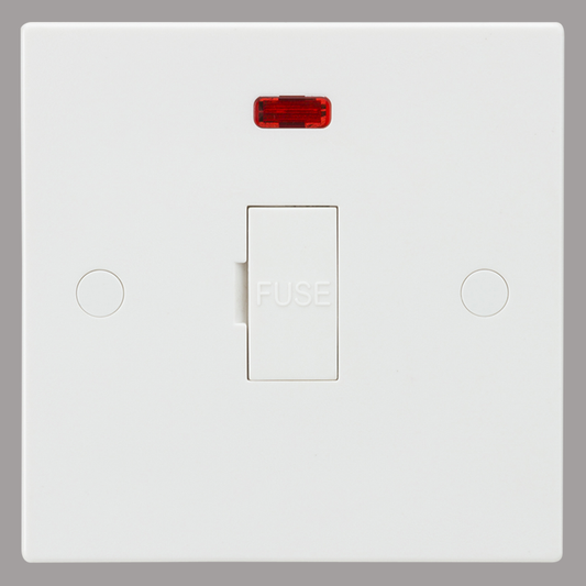 White electrical fused spur with a red indicator light on a grey background