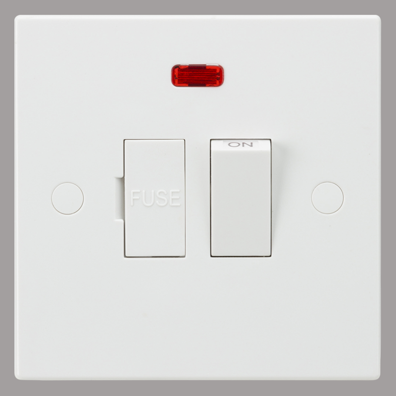 White electrical switch panel with a red indicator light on a gray background