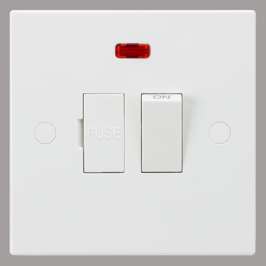 White electrical switch panel with a red indicator light on a gray background