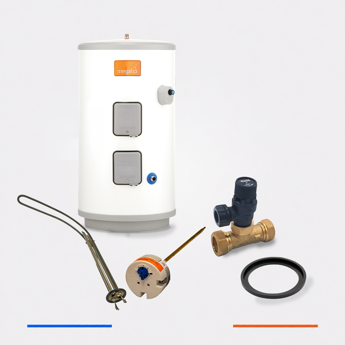 A white Megaflo water heater shown with several included parts on a light grey background: a thermostat, an immersion heater, a brass valve with a black top fitting, a black rubber gasket