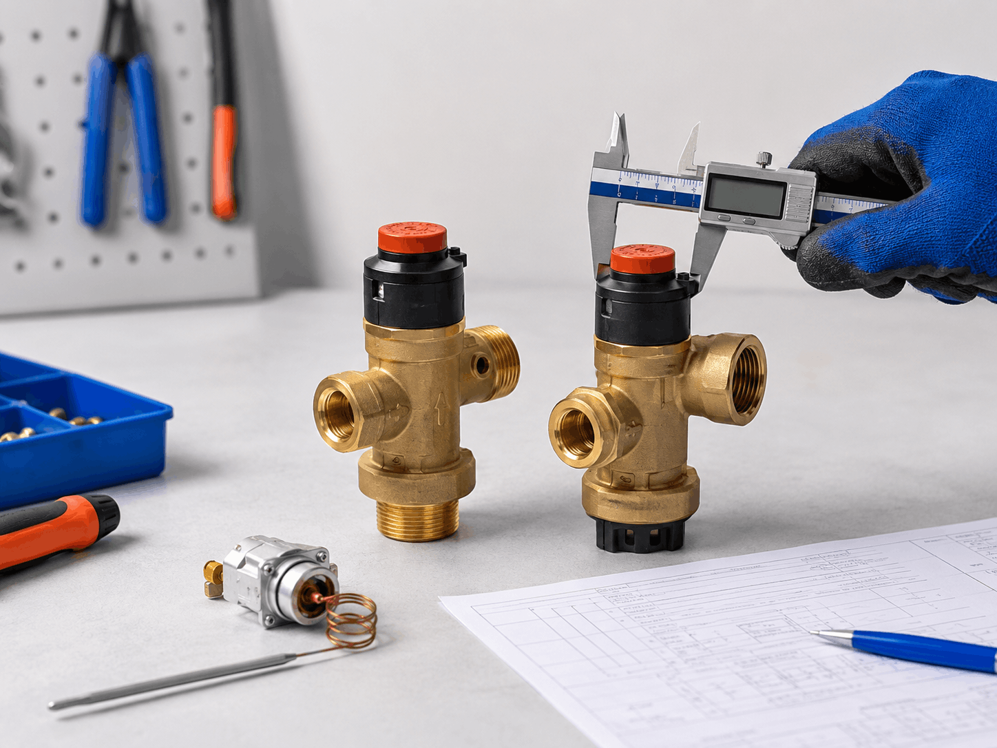 Two similar water heater valves being compared with a digital calliper to check their specifications