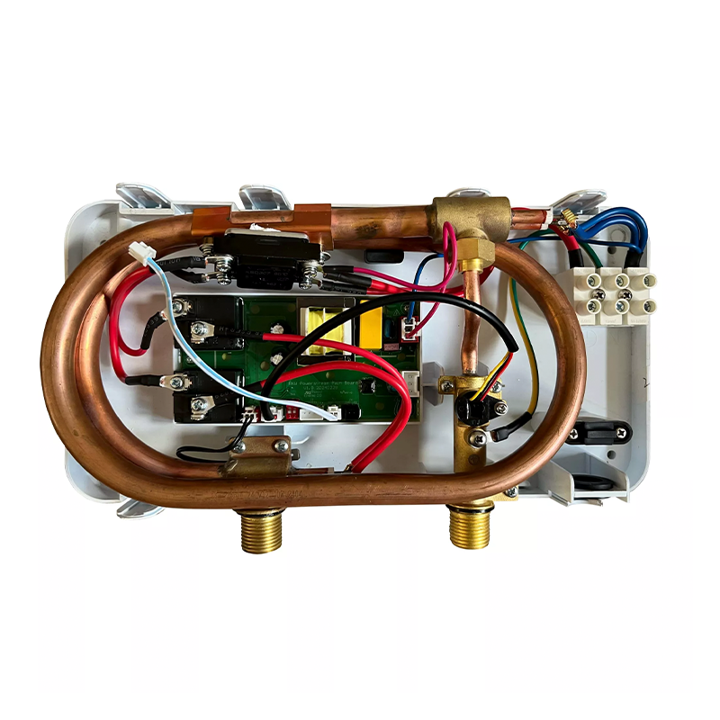 Mechanical component with copper tubing, wires, and connectors on a white background