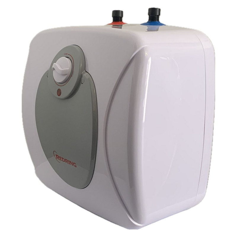 White and gray water heater with a visible brand logo on a white background