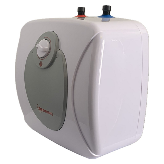 White and gray water heater with a visible brand logo on a white background