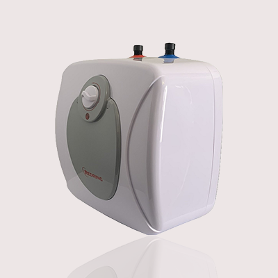 White water heater with gray control panel on a white background