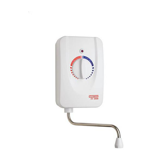 A white wall-mounted electric water heater control panel with a dial setter and a curved metal pipe, shown on a plain white background.