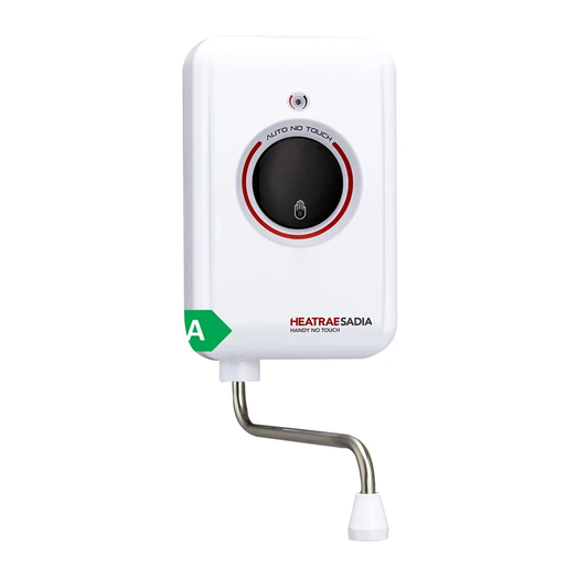 White Heatrae Sadiia wall-mounted electric water heater with a black dial control, red accent ring, green and white 'A' rating badge, and a curved metal pipe with a white cap, shown on a plain white background.
