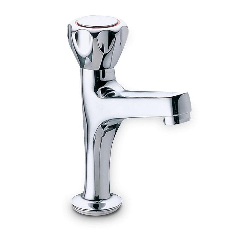 A single-handle bathroom faucet with a polished chrome finish, featuring a modern curved spout and a decorative top knob, shown on a plain white background.