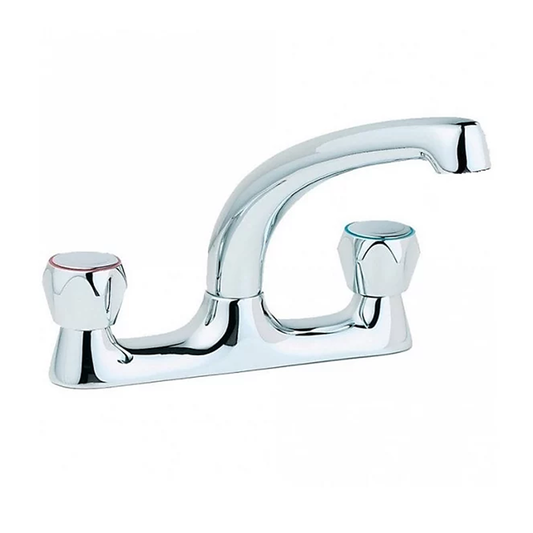 A polished chrome two-handle bathroom or kitchen faucet with a curved spout, shown on a plain white background.