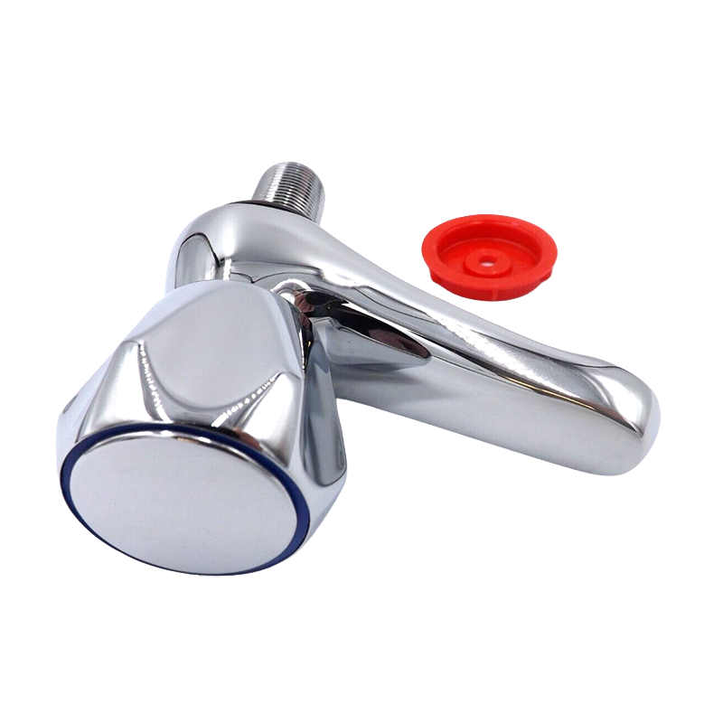 A chrome basin tap with a single lever handle and a red circular rubber gasket, shown on a plain white background.